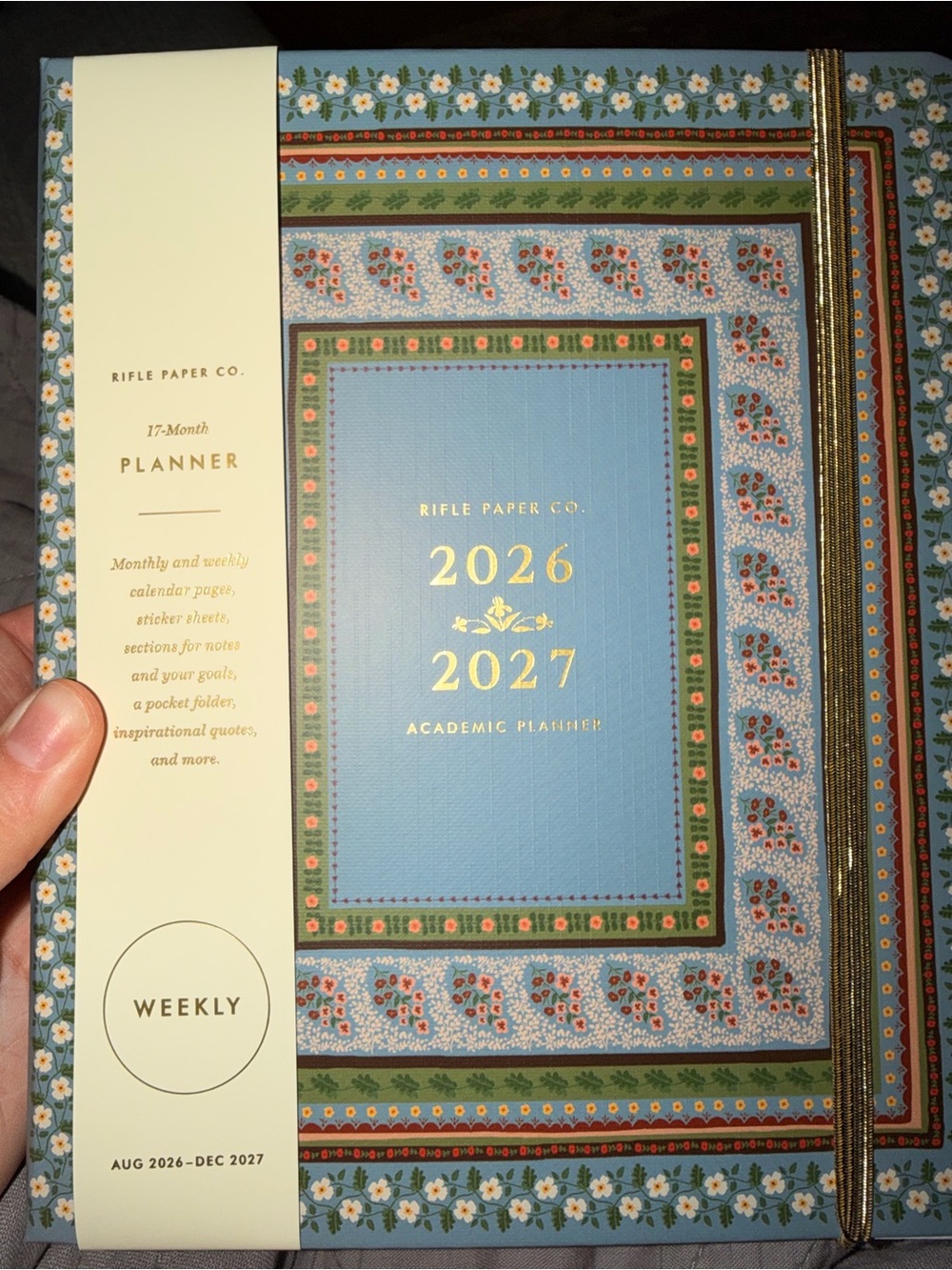 Rifle Paper Co. Blue Floral Patterned Academic Planner with Gold Elastic